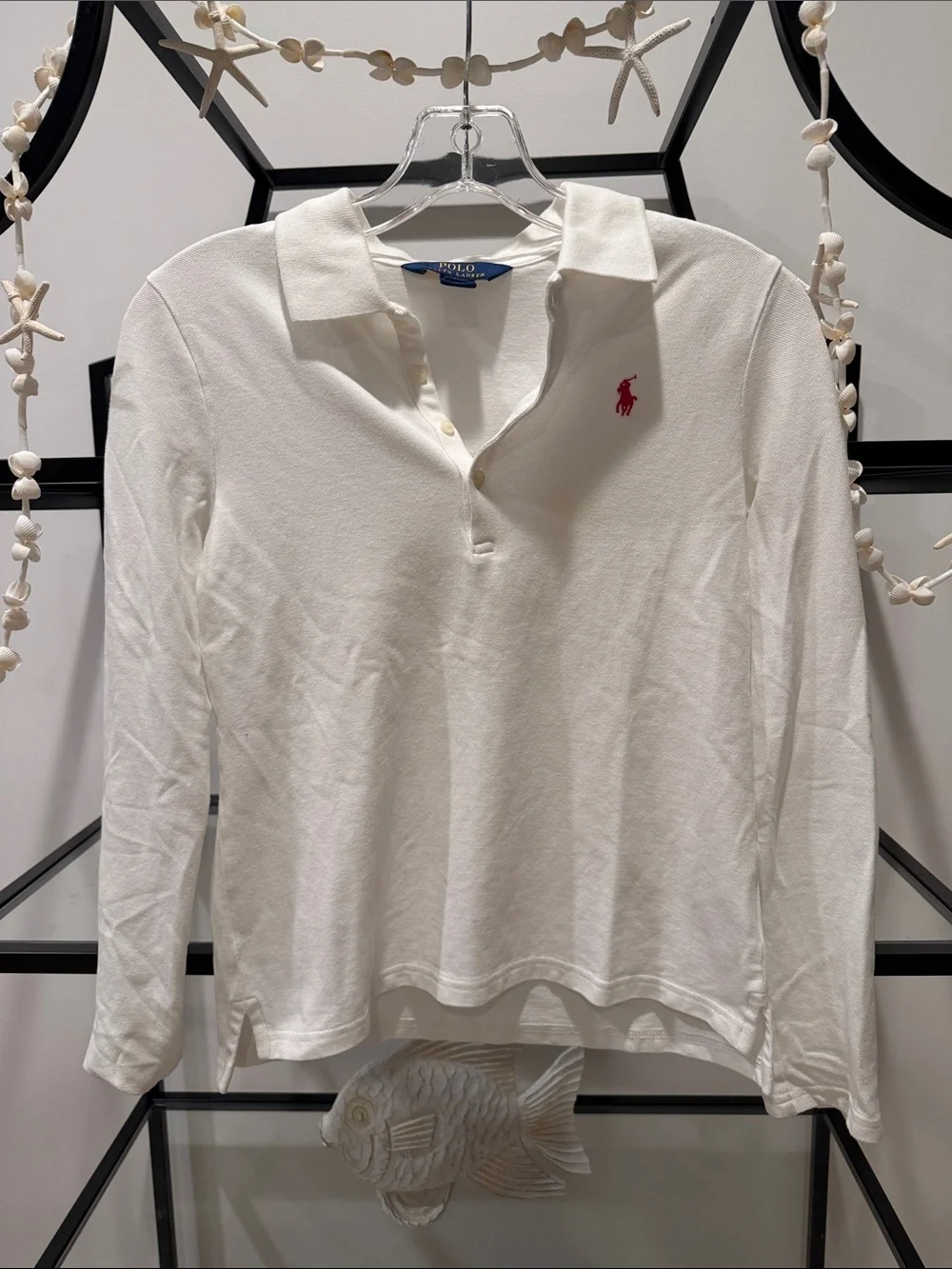 Ralph Lauren White Long Sleeve Polo with Red Logo